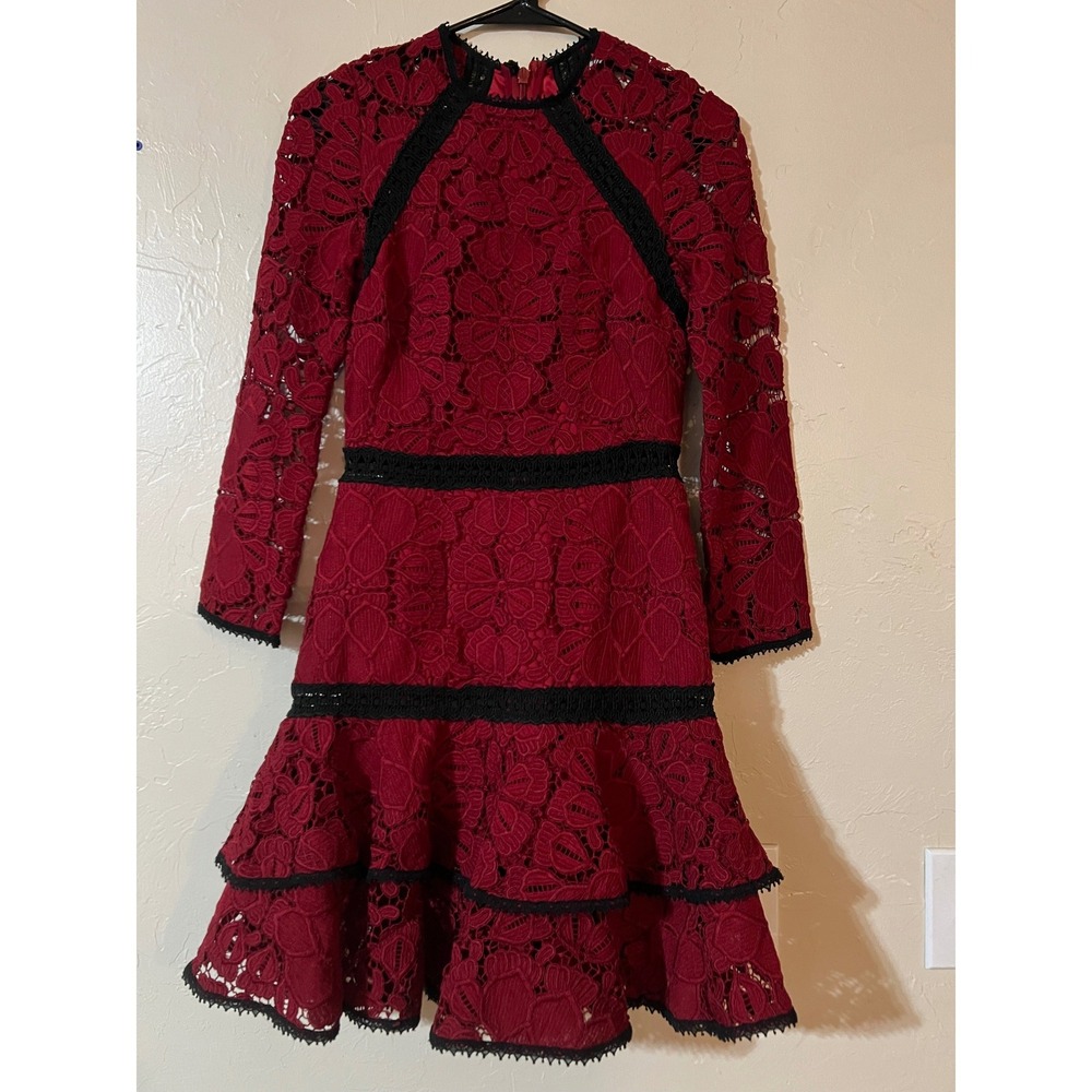Alexis Khans Dress Burgundy Lace Long Sleeve Tiered Ruffle Mock Neck Cocktail S - Picture 2 of 10